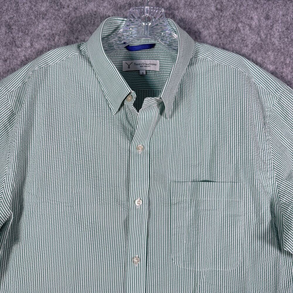 Teddy Stratford Shirt Mens Size Extra Large 5 Green Striped Seersucker Zip Fit